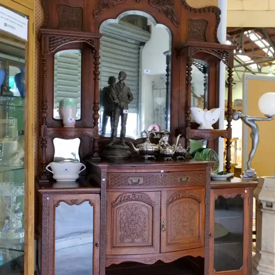 vintage French large heavily carved oak sideboard w/mirror top, 2 glazed doors. Crack to top, H2800 W1530 D600