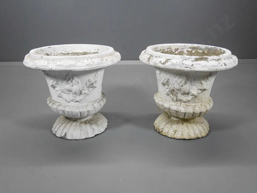 pair of classical style white painted cast concrete garden urns - some loss of finish H400 D430 Image 1++