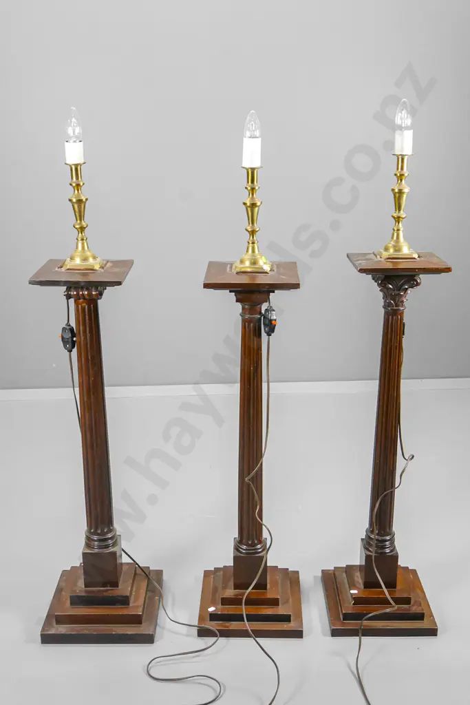 3 floor lamps, ex Portobello lodge, made from brass candlesticks on wooden column bases, each slightly different H1280 Image 1++