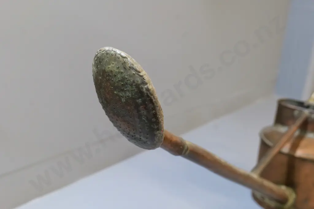 vintage large long-spout copper watering can with rose, some wear / dents H-280 L-950 Image 1++