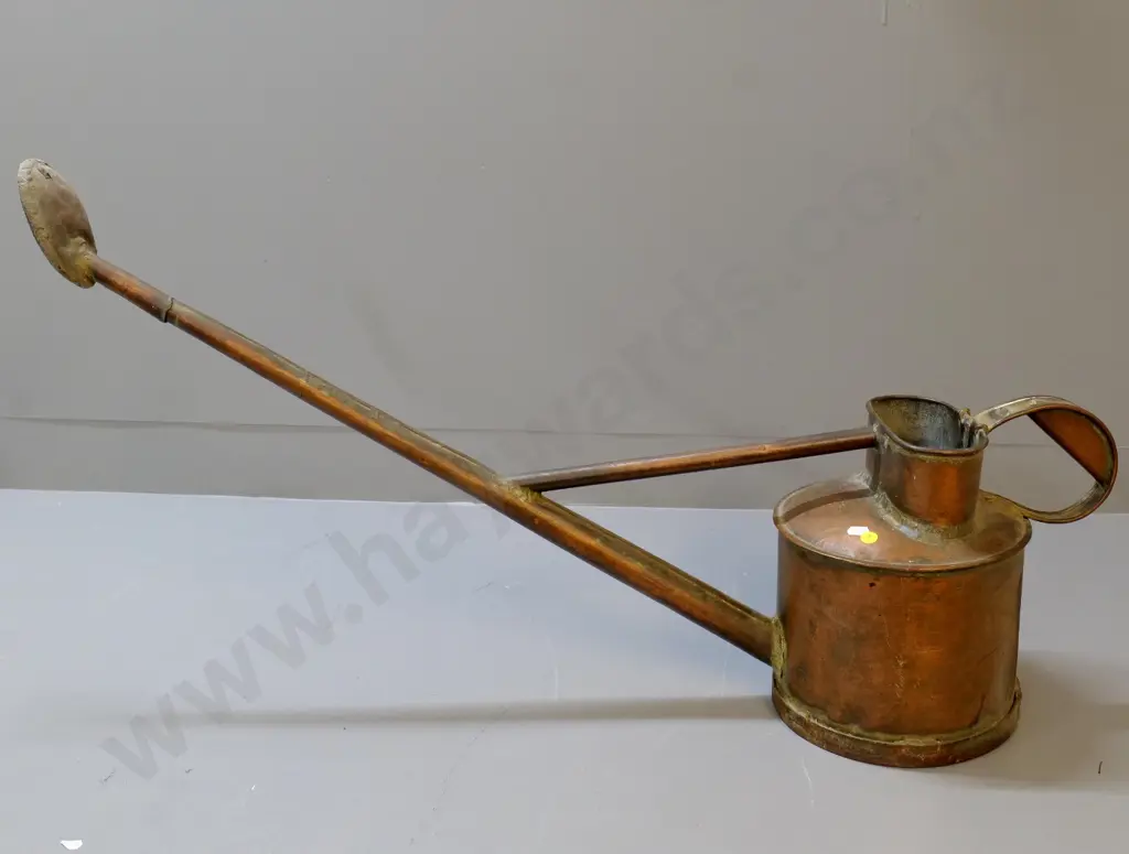 vintage large long-spout copper watering can with rose, some wear / dents H-280 L-950 Image 1++