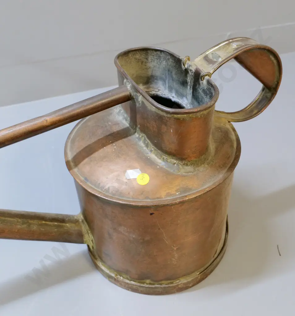 vintage large long-spout copper watering can with rose, some wear / dents H-280 L-950 Image 1++