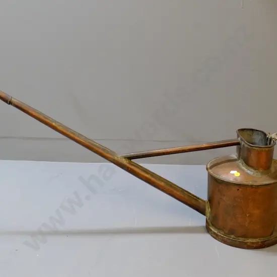 vintage large long-spout copper watering can with rose, some wear / dents H-280 L-950