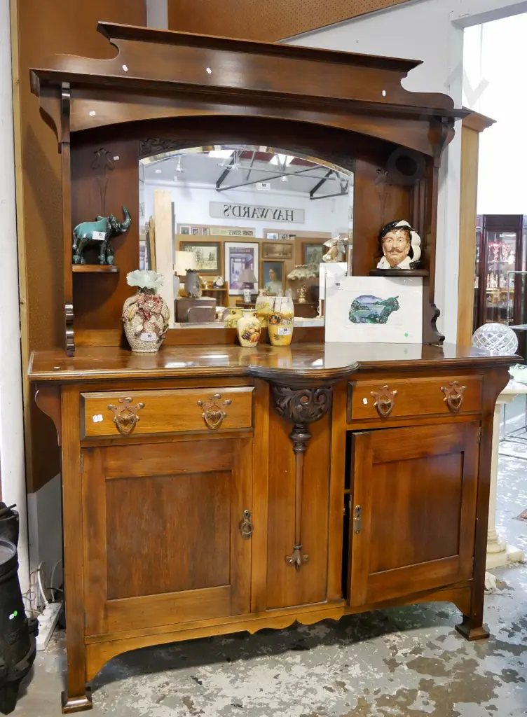 vintage deco kauri sideboard w/bevelled mirror top, 2 lined drawers, copper handles H1980 W1520 D560 Image 1++