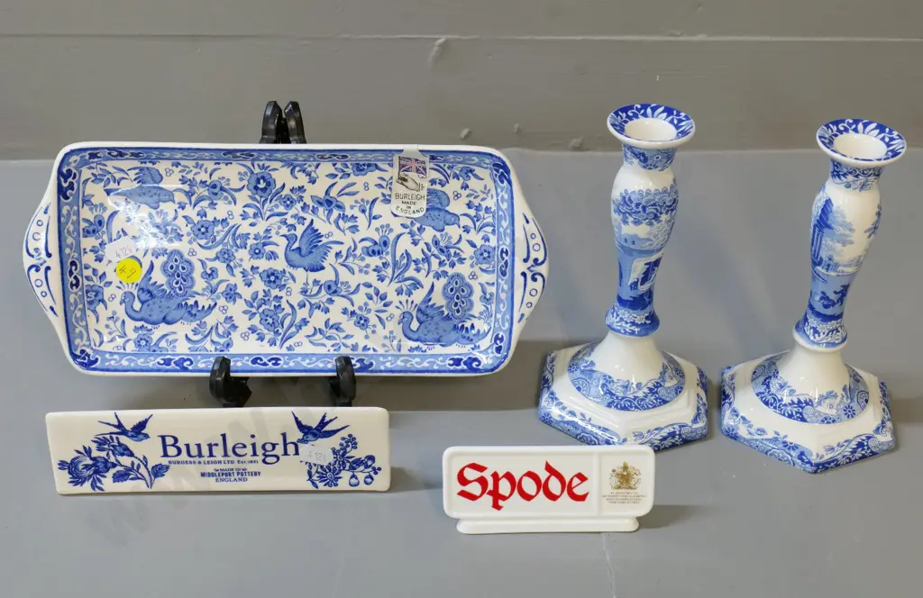 Spode Italian pattern candlesticks H180 & retail display sign, Burleigh peacock sandwich tray & retail display sign Image 1++