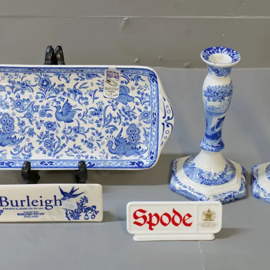 Spode Italian pattern candlesticks H180 & retail display sign, Burleigh peacock sandwich tray & retail display sign