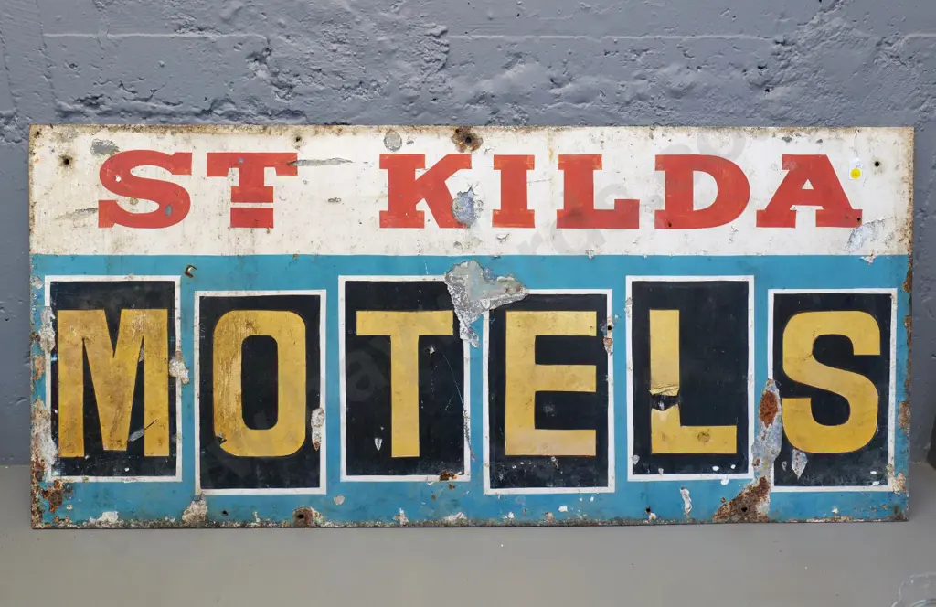 large painted metal St. Kilda Motels sign - significant flaking and corrosion H-555 W-1220 Image 1++