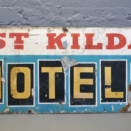 large painted metal St. Kilda Motels sign - significant flaking and corrosion H-555 W-1220