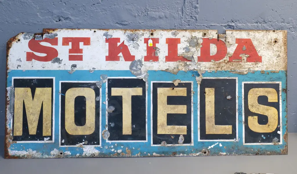 large painted metal St. Kilda Motels sign - significant flaking, damage & corrosion H-555 W-1220 Image 1++