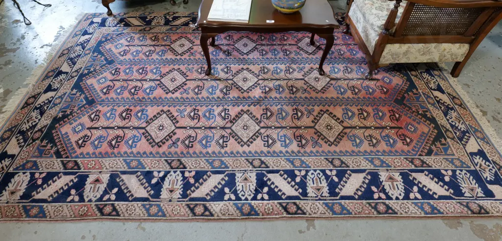 large Persian hand-knotted wool floor rug - reds blues and browns - some fading L2940 W1930 Image 1++
