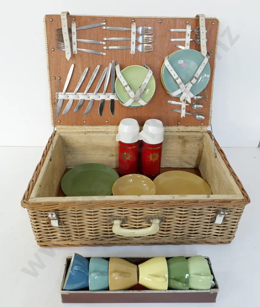 vintage cane and plastic cane picnic hamper with Crown Lynn colour glaze items, 2 thermoses, etc. H220 W640 D420 Image 1++