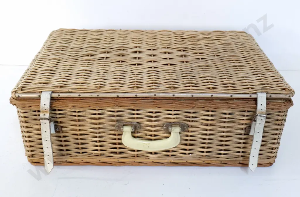 vintage cane and plastic cane picnic hamper with Crown Lynn colour glaze items, 2 thermoses, etc. H220 W640 D420 Image 1++