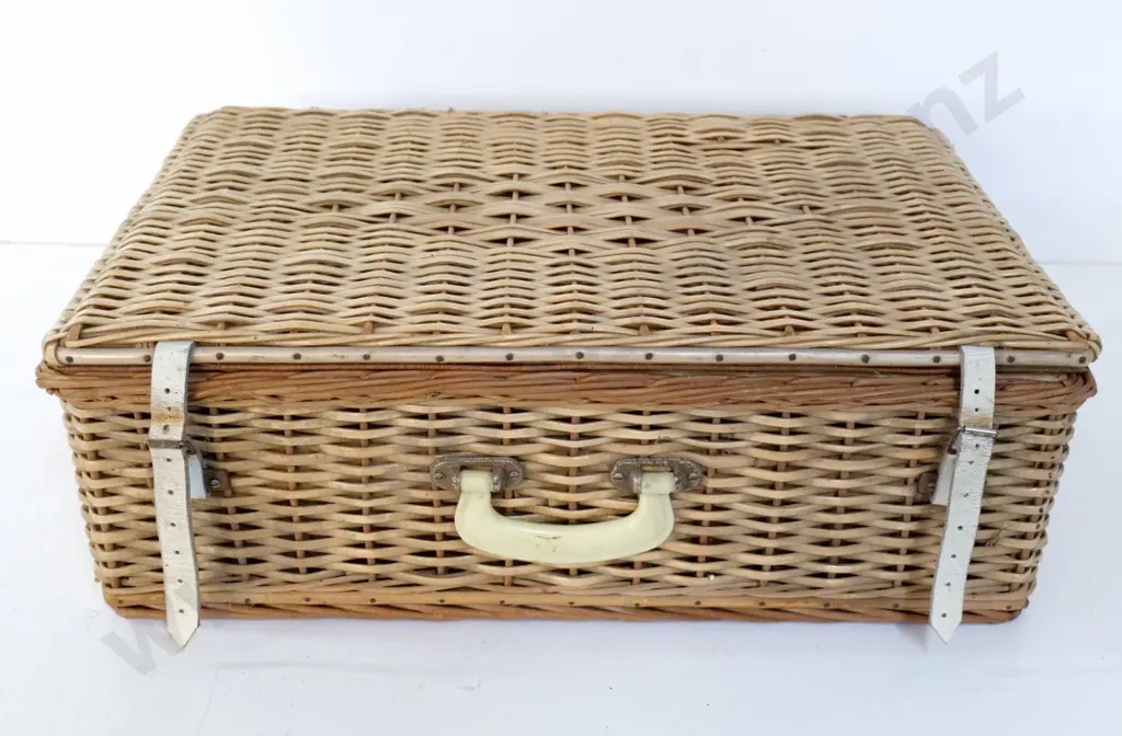 vintage cane and plastic cane picnic hamper with Crown Lynn colour glaze items, 2 thermoses, etc. H220 W640 D420 Image 1++