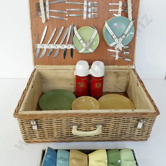 vintage cane and plastic cane picnic hamper with Crown Lynn colour glaze items, 2 thermoses, etc. H220 W640 D420