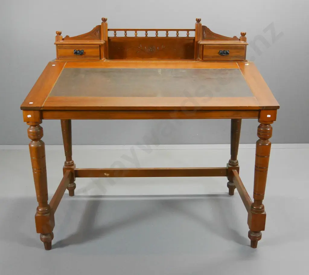 vintage kauri clerk's desk, pediment top w/2 drawers, lift-up slope w/leatherette insert, turned legs H1310 W1340 D800 Image 1++