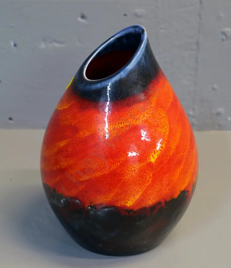 Empire ware vase with orange sponged and charcoal glaze, small firing fault on rim H-200 Image 1++