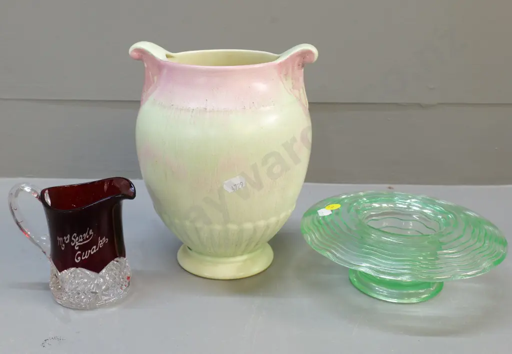 green uranium glass flower bowl, New Zealand Exhibition souvenir glass jug (some wear) & Crown Devon vase H200 Image 1++