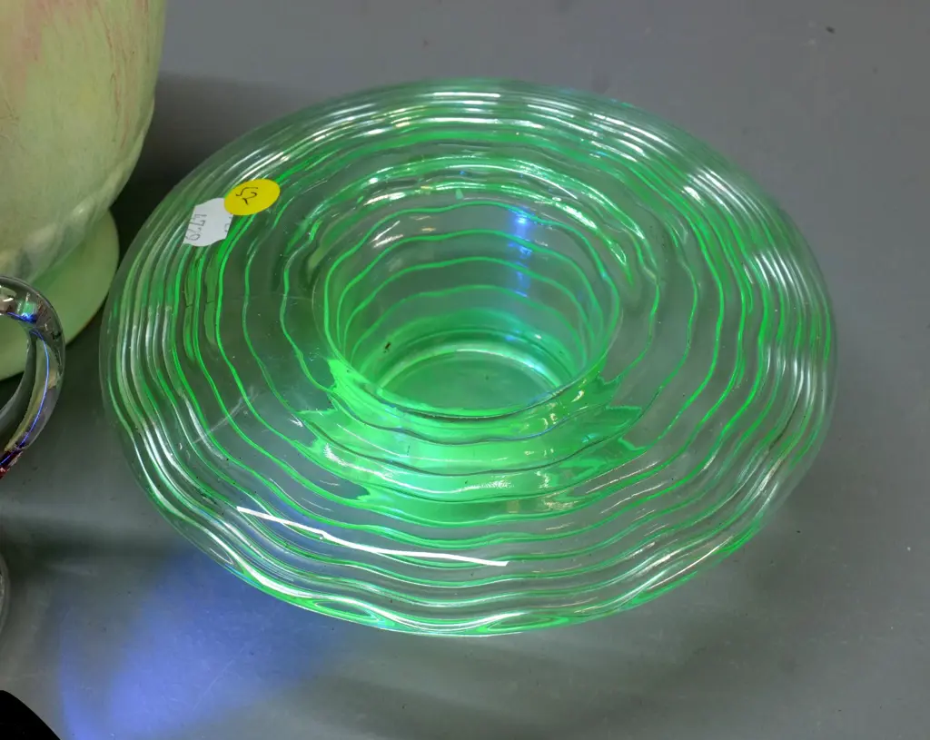 green uranium glass flower bowl, New Zealand Exhibition souvenir glass jug (some wear) & Crown Devon vase H200 Image 1++