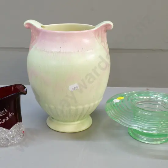 green uranium glass flower bowl, New Zealand Exhibition souvenir glass jug (some wear) & Crown Devon vase H200