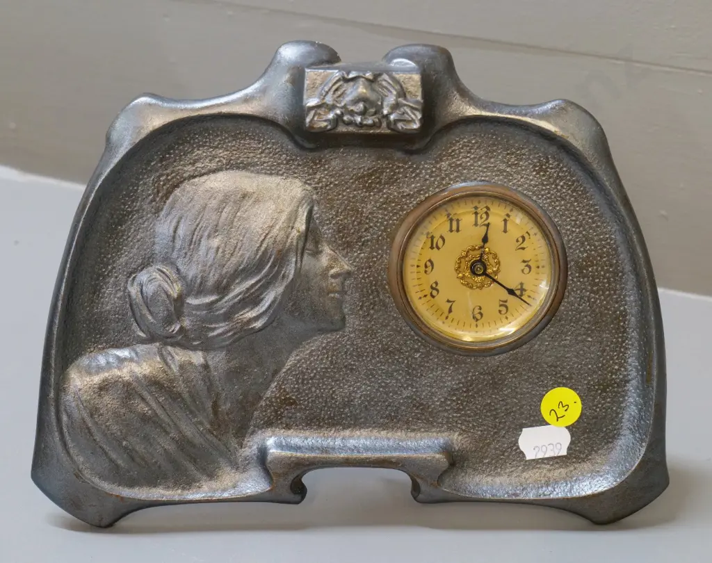 nouveau cast brass bedside or table clock with pewter finish H-180 W-220 Image 1++