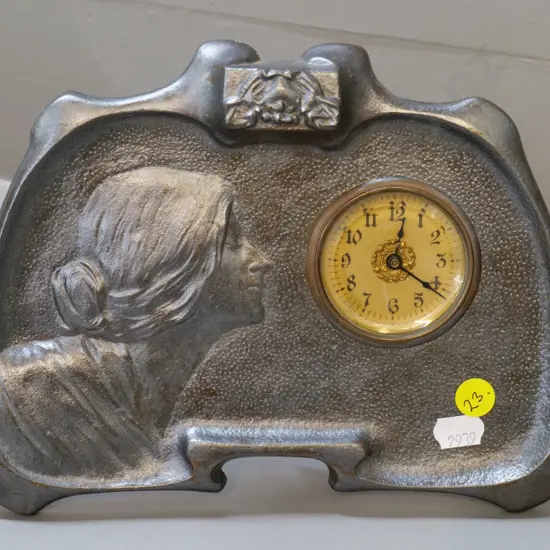 nouveau cast brass bedside or table clock with pewter finish H-180 W-220