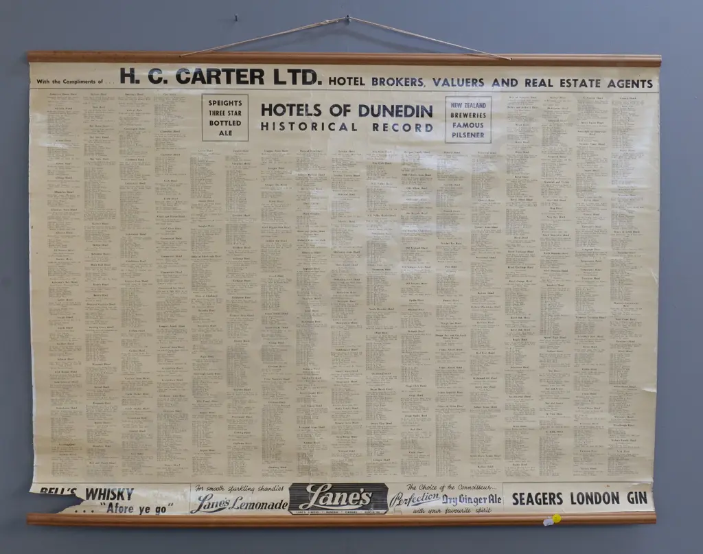 vintage H.C. Carter Ltd. Hotel Brokers "Hotels of Dunedin" wall chart - some damage / wear H760 W1010 Image 1++