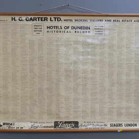 vintage H.C. Carter Ltd. Hotel Brokers "Hotels of Dunedin" wall chart - some damage / wear H760 W1010