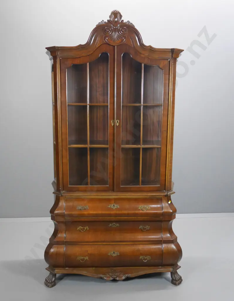 Louis-style veneered display cabinet on 3-drawer base, glazed sides, astragals & carved detail H1980 W980 D420 Image 1++