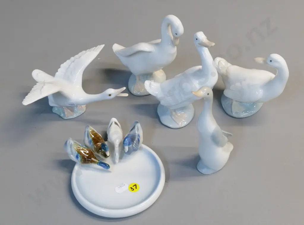 3 Nao duck figures, tallest H-150, Lladro duck taking off, pin dish marked Germany, one unmarked duck Image 1++