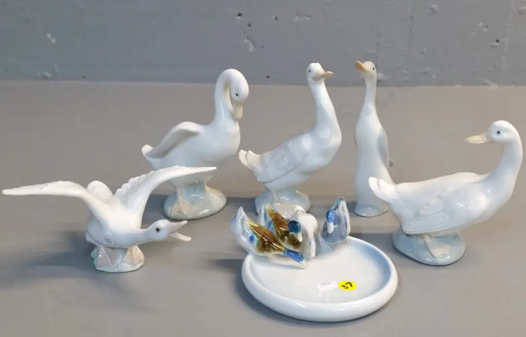 3 Nao duck figures, tallest H-150, Lladro duck taking off, pin dish marked Germany, one unmarked duck Image 1++