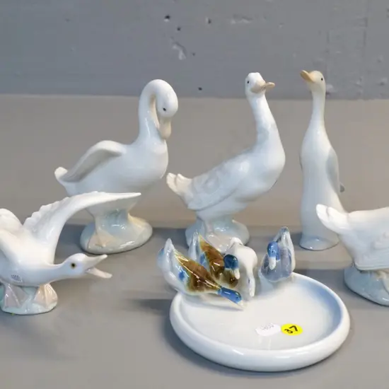 3 Nao duck figures, tallest H-150, Lladro duck taking off, pin dish marked Germany, one unmarked duck
