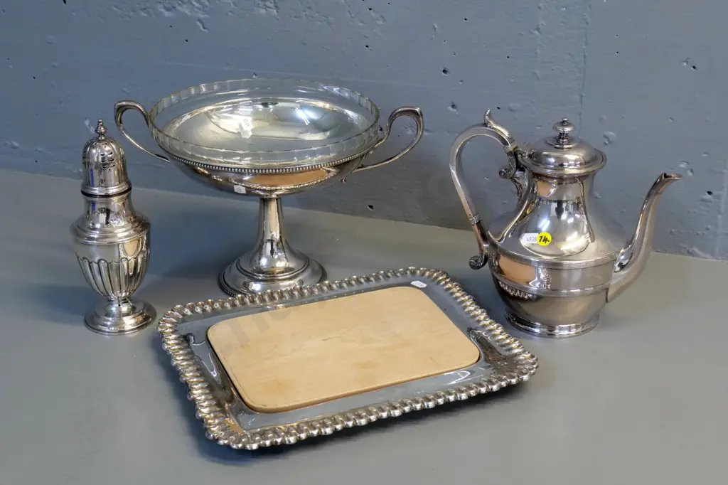 4 plated ware items - teapot, comport fruit bowl with glass liner D-240, sugar caster and tray with wooden insert Image 1++