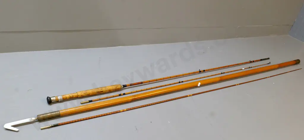 bamboo holder / pole with brass cap, modern gaffe added, and 2-piece split cane rod marked "The Alan Pye" and Bombassa Image 1++