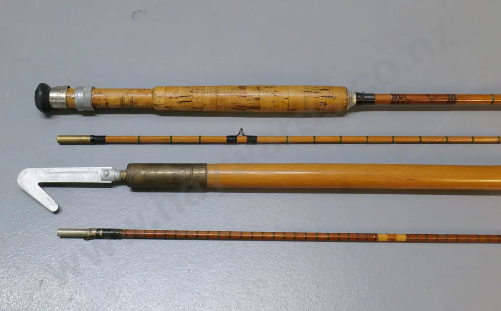 bamboo holder / pole with brass cap, modern gaffe added, and 2-piece split cane rod marked "The Alan Pye" and Bombassa Image 1++