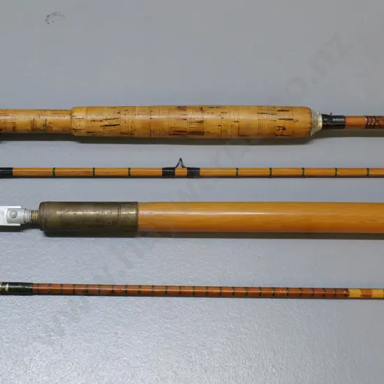 bamboo holder / pole with brass cap, modern gaffe added, and 2-piece split cane rod marked "The Alan Pye" and Bombassa