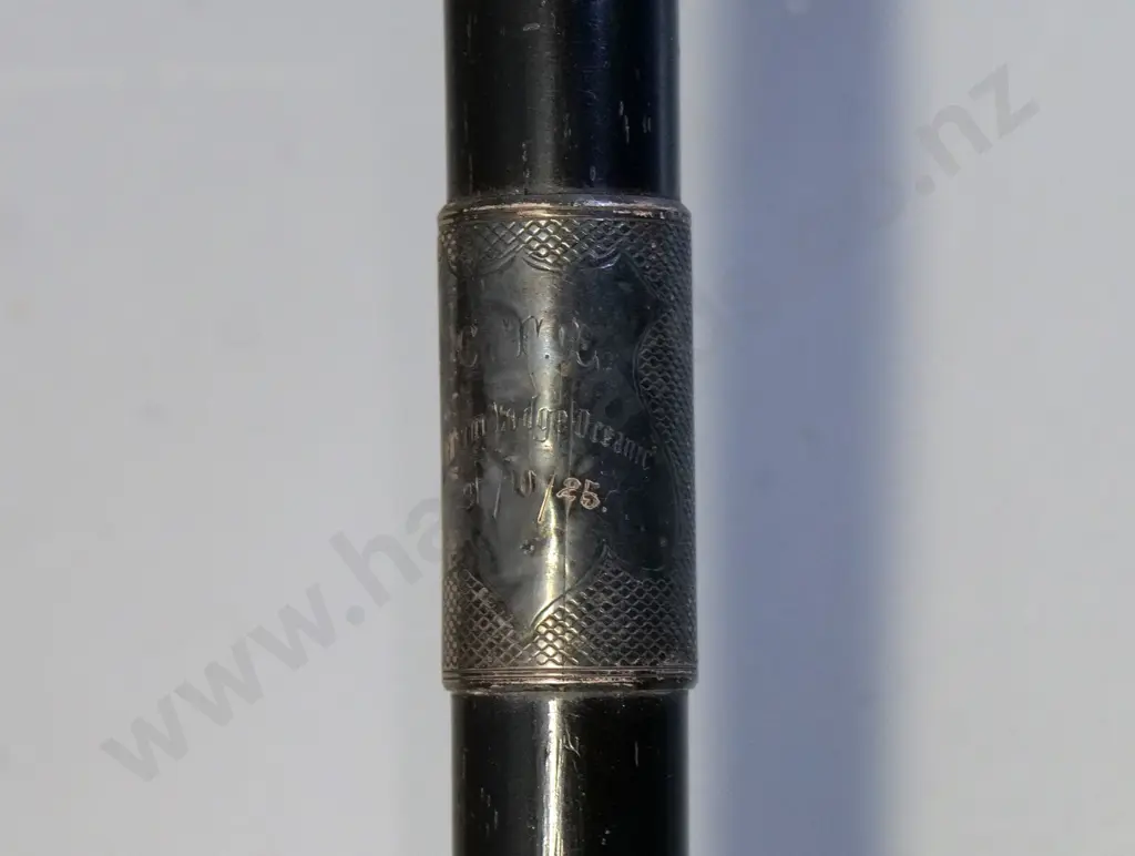 ebony walking stick with sterling silver band and cap, with 1925 Lodge Oceanic engraving L-900 Image 1++