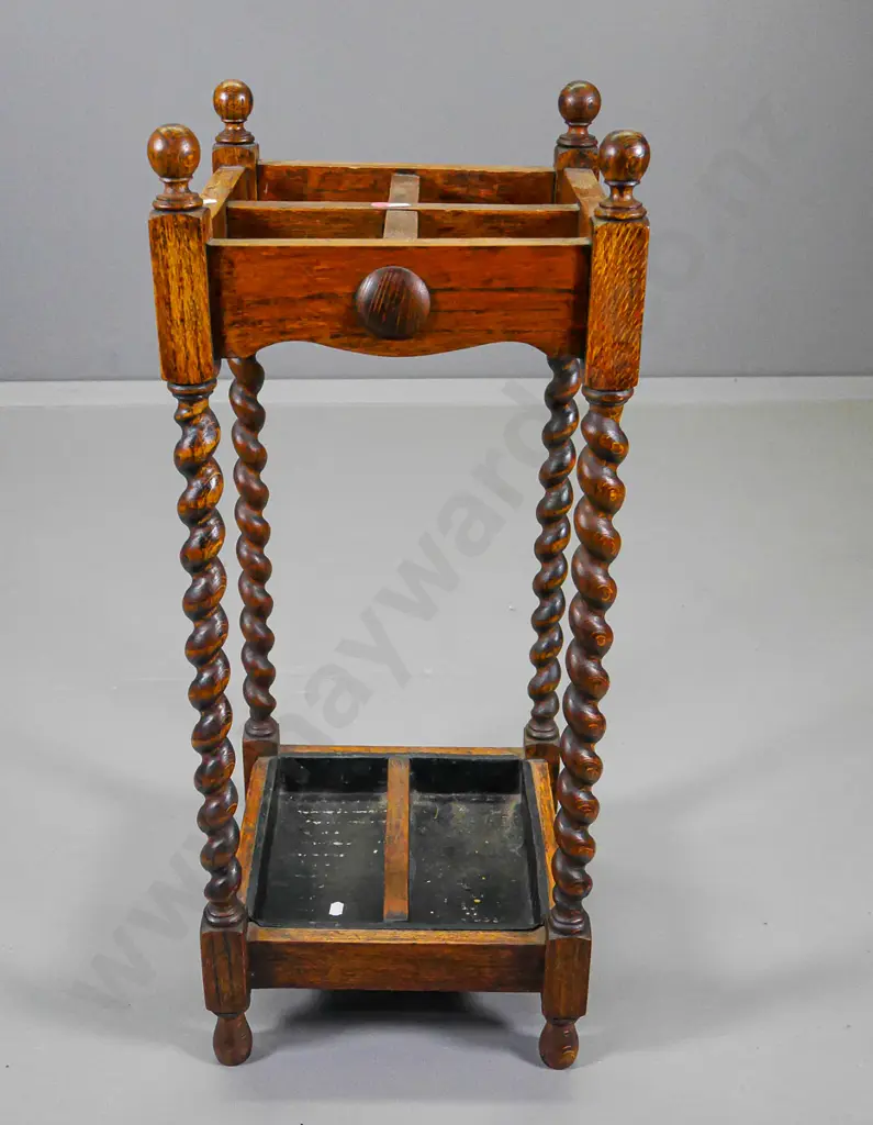 deco oak umbrella & walking stick stand with barley twist legs, tin trays, turned finials H770 W-320 D-320 Image 1++