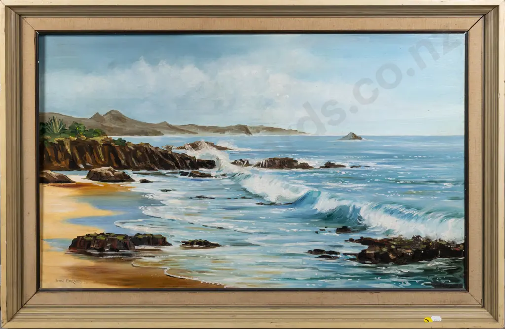 John Barnes '78 -  framed oil - coastal scene (framing needs attention) H-450 W-730 Image 1++