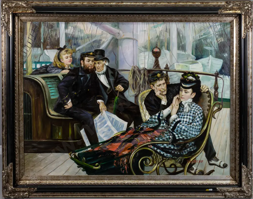 Townsend - framed oil - group seated on deck, copy of Tissot work H-740 W-1000 Image 1++