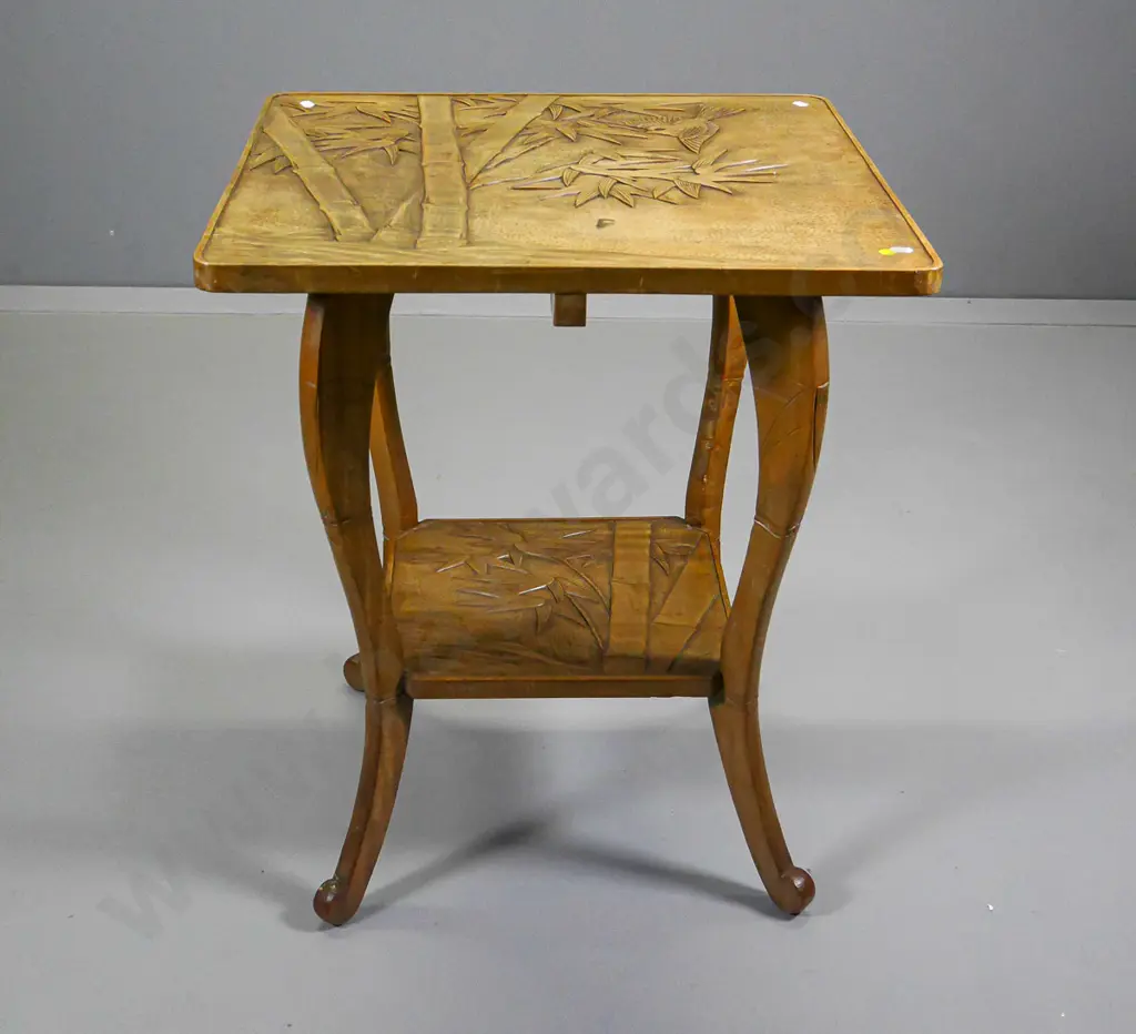 chip-carved (kauri?) square occasional table with asian bamboo and bird theme, bottom shelf, loose joints H710 610x610 Image 1++