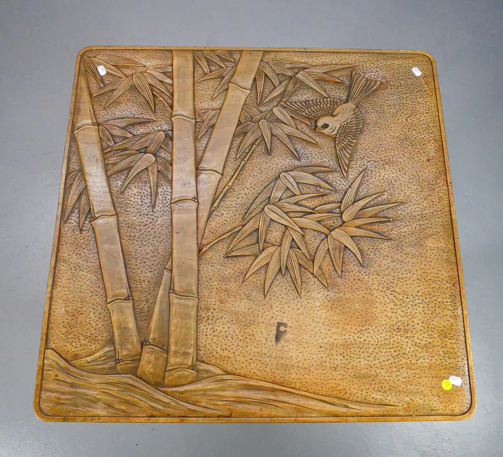 chip-carved (kauri?) square occasional table with asian bamboo and bird theme, bottom shelf, loose joints H710 610x610 Image 1++