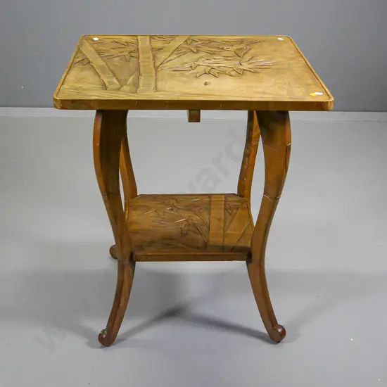 chip-carved (kauri?) square occasional table with asian bamboo and bird theme, bottom shelf, loose joints H710 610x610