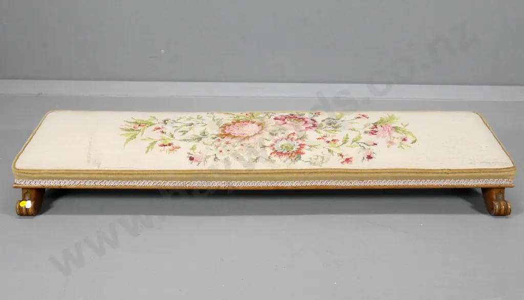 vintage walnut long prayer kneeler with scroll feet, hand-worked tapestry cover H130 W1070 D270 Image 1++