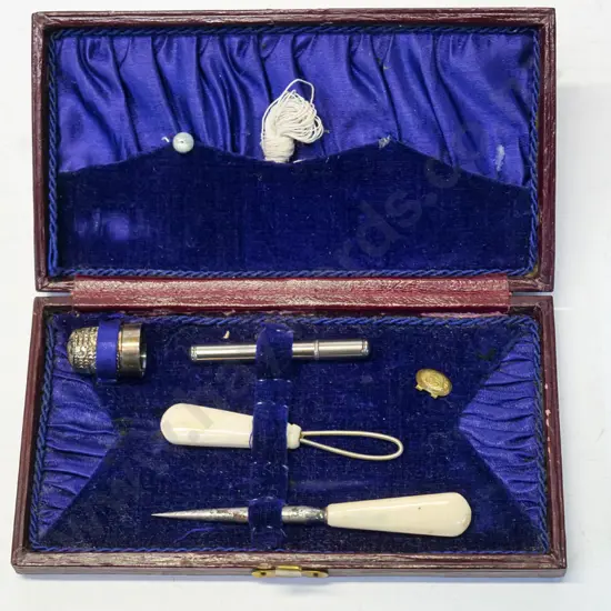 cased sewing kit thimble stamped with anchor, lion & l