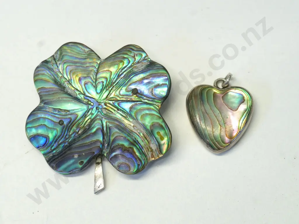 silver heart shaped paua necklace no chain & paua 4 leaf clover brooch both stamped stg sil Image 1++
