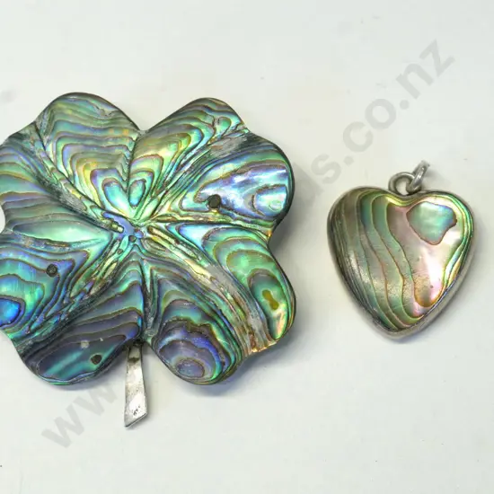 silver heart shaped paua necklace no chain & paua 4 leaf clover brooch both stamped stg sil