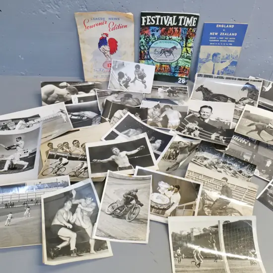 large collection of sport photographs - boxing, tennis, racing, etc - and 3 sports programs