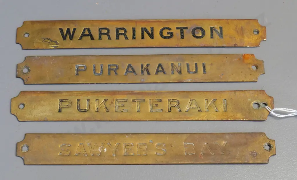 set of 4 brass Tyer's tablet machine NZR name plates - Dunedin North line - Sawyers Bay, Purakaunui, Warrington, etc Image 1++