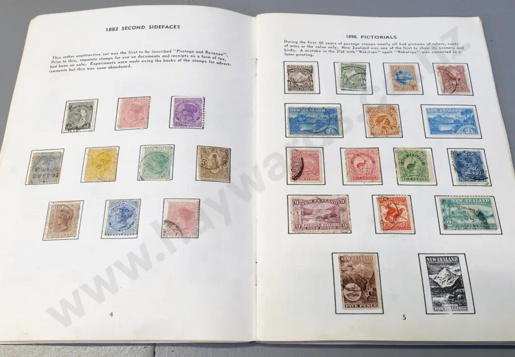 stamp album with many New Zealand vintage stamps - 1855 full face, early pictorials, postal fiscals, etc. Image 1++