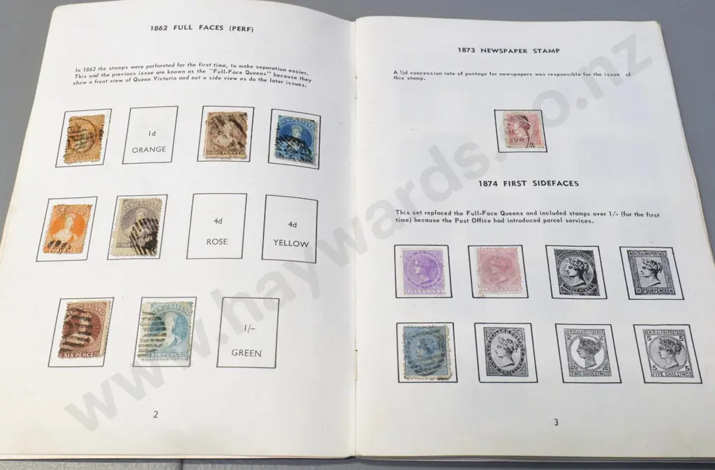 stamp album with many New Zealand vintage stamps - 1855 full face, early pictorials, postal fiscals, etc. Image 1++